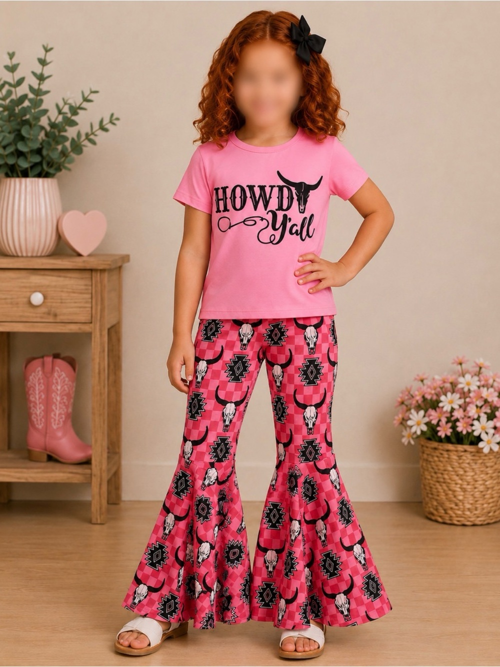 Girls Boutique Western Steer HOWDY Y’ALL Graphic Top & Bell Bottoms Pants Set